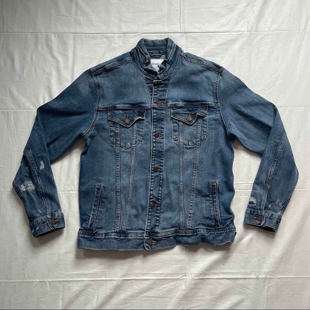 Old Navy Distressed Denim Jacket Blue Medium Wash